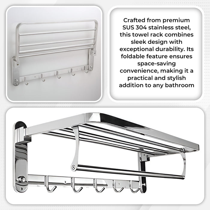 IBL 13-SS iBELL 59 cm (23.2-Inch) Chrome Stainless Steel Folding Towel Rack for Bathroom | 90° Foldable Space-Saving Towel Stand | Towel Hanger with Shelf | Bathroom Accessories