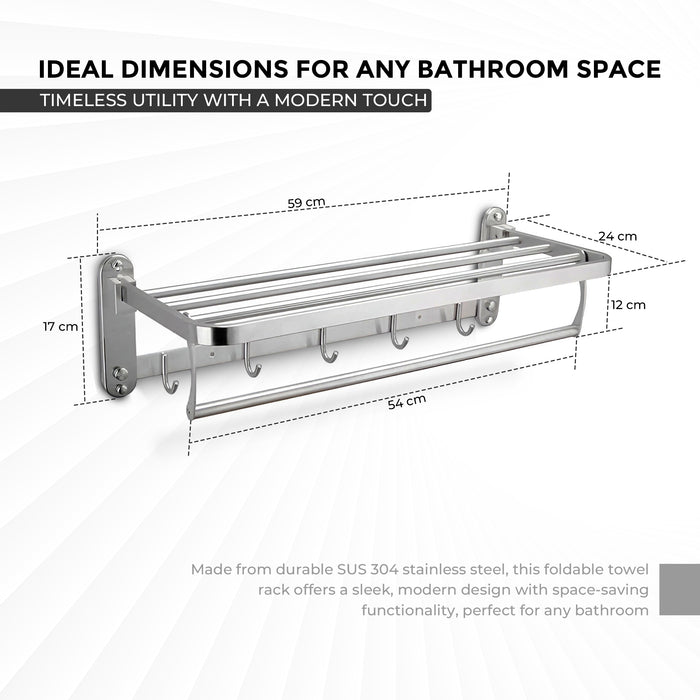 IBL 13-SS iBELL 59 cm (23.2-Inch) Chrome Stainless Steel Folding Towel Rack for Bathroom | 90° Foldable Space-Saving Towel Stand | Towel Hanger with Shelf | Bathroom Accessories