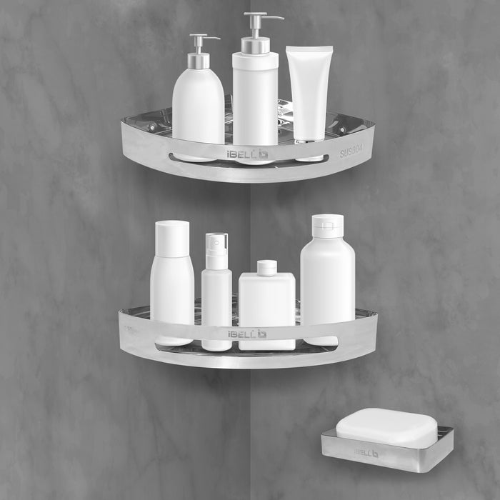 IBL 22-CX iBELL 2-Tier Bathroom Corner Shelf with Soap Holder | Space-Saving Bathroom Organizer Stand | Storage Rack - Silver