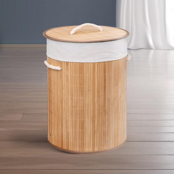 IBL 25-BS iBELL Foldable Round Bamboo Laundry Basket with Lid | Sustainable & Eco-Friendly | Travel Essential | Solid Laundry Basket | Easy to Carry (1 Pc, Brown Finish)