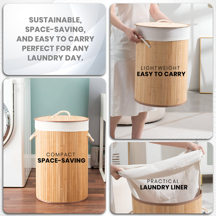 IBL 25-BS iBELL Foldable Round Bamboo Laundry Basket with Lid | Sustainable & Eco-Friendly | Travel Essential | Solid Laundry Basket | Easy to Carry (1 Pc, Brown Finish)