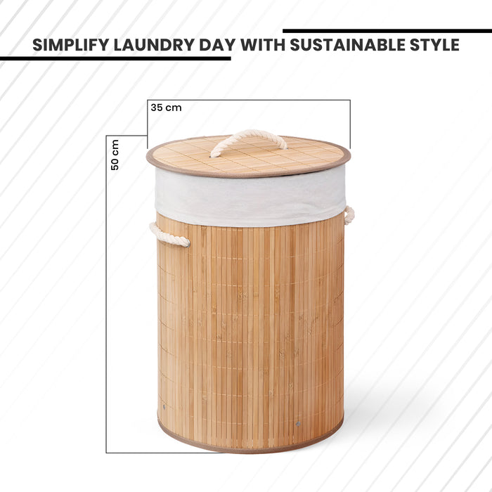 IBL 25-BS iBELL Foldable Round Bamboo Laundry Basket with Lid | Sustainable & Eco-Friendly | Travel Essential | Solid Laundry Basket | Easy to Carry (1 Pc, Brown Finish)