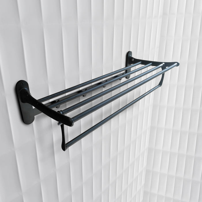 IBL 39-BS iBELL 57 cm (22.5-Inch) Black Stainless Steel Folding Towel Rack for Bathroom | 90° Foldable Space-Saving Towel Stand | Towel Hanger | Bathroom Accessories