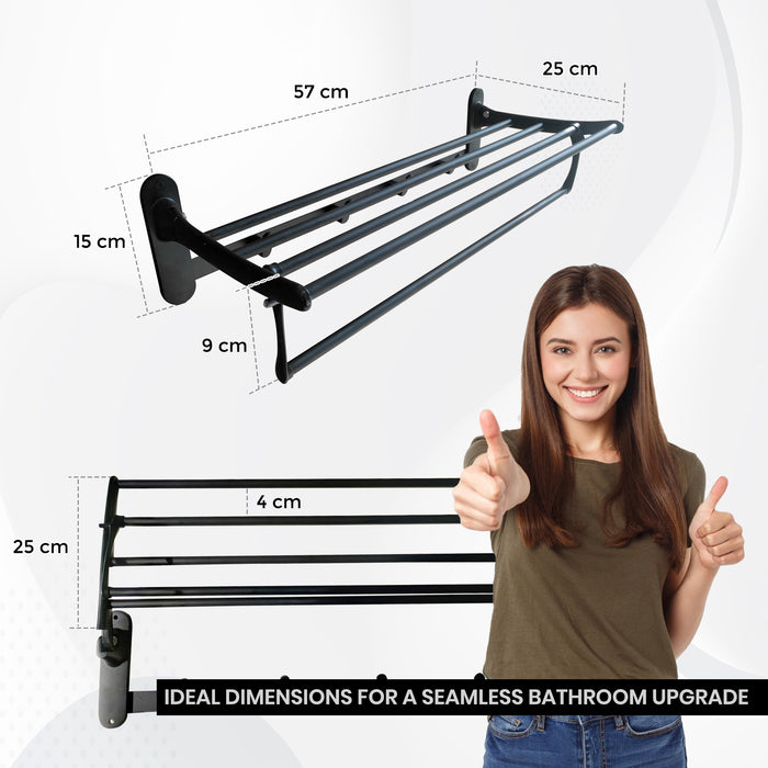 IBL 39-BS iBELL 57 cm (22.5-Inch) Black Stainless Steel Folding Towel Rack for Bathroom | 90° Foldable Space-Saving Towel Stand | Towel Hanger | Bathroom Accessories