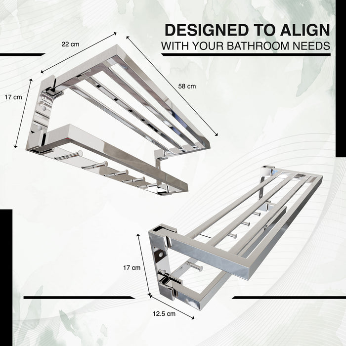 IBL 39-SB iBELL 58 cm (22.8-Inch) Bathroom Accessories Stainless Steel Chrome Finish 304 Dual Folding Towel Rack for Bathroom | Towel Bar | Towel Stand | Towel Hanger | Towel Holder