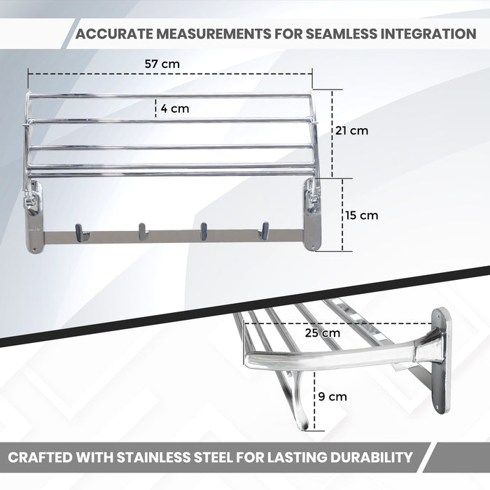 IBL 39-SS iBELL 57 cm (22.5-Inch) Classic Stainless Steel Folding Towel Rack for Bathroom | 90° Foldable Space-Saving Towel Stand | Towel Hanger | Bathroom Accessories