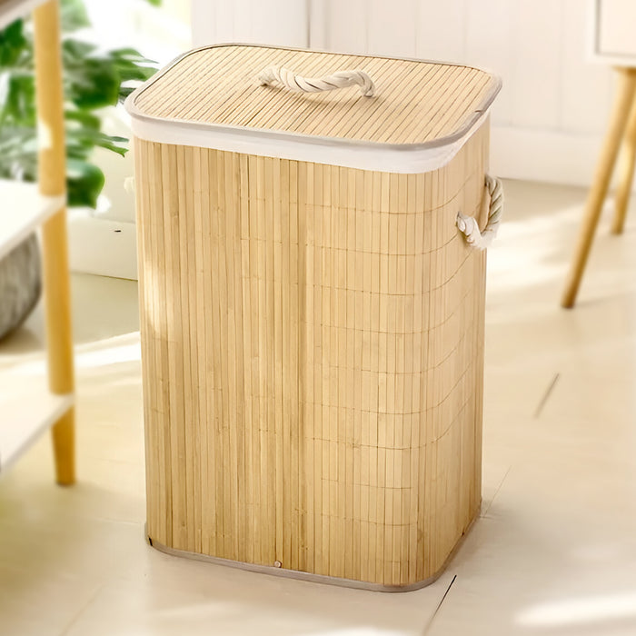 IBL 50-AS iBELL Foldable Square Bamboo Laundry Basket with Lid | Sustainable & Eco-Friendly | Travel Essential | Solid Laundry Basket | Easy to Carry (1 Pc, Wood Finish)