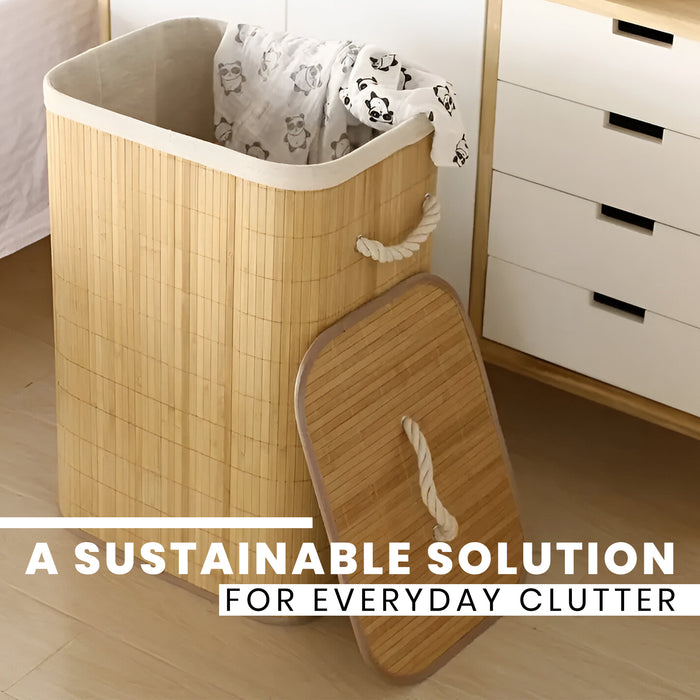 IBL 50-AS iBELL Foldable Square Bamboo Laundry Basket with Lid | Sustainable & Eco-Friendly | Travel Essential | Solid Laundry Basket | Easy to Carry (1 Pc, Wood Finish)