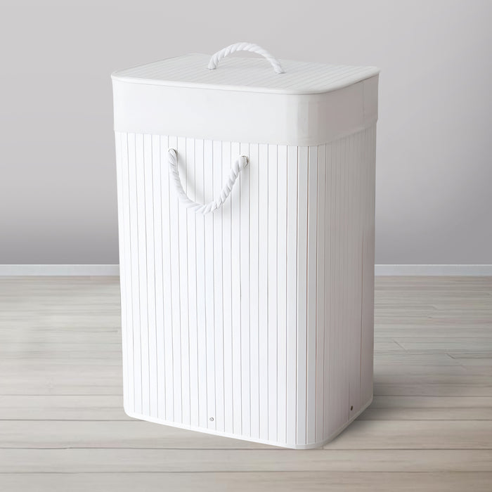 IBL 50-BS iBELL Foldable Square Bamboo Laundry Basket with Lid | Sustainable & Eco-Friendly | Travel Essential | Solid Laundry Basket | Easy to Carry (1 Pc, White Finish)