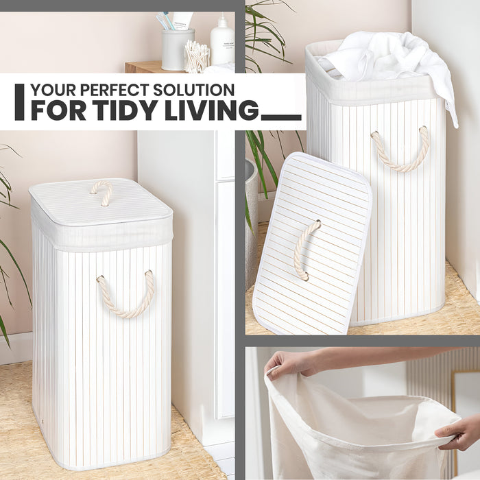 IBL 50-BS iBELL Foldable Square Bamboo Laundry Basket with Lid | Sustainable & Eco-Friendly | Travel Essential | Solid Laundry Basket | Easy to Carry (1 Pc, White Finish)