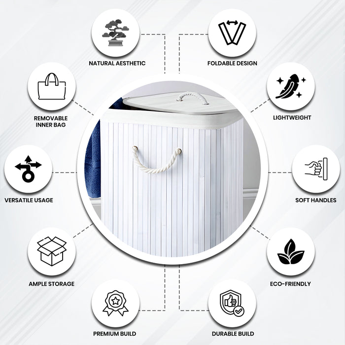 IBL 50-BS iBELL Foldable Square Bamboo Laundry Basket with Lid | Sustainable & Eco-Friendly | Travel Essential | Solid Laundry Basket | Easy to Carry (1 Pc, White Finish)