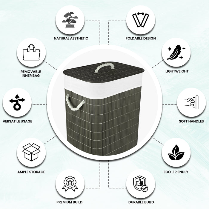 IBL 50-CS iBELL Foldable Square Bamboo Laundry Basket with Lid | Sustainable & Eco-Friendly | Travel Essential | Solid Laundry Basket | Easy to Carry (1 Pc, Grey Finish)