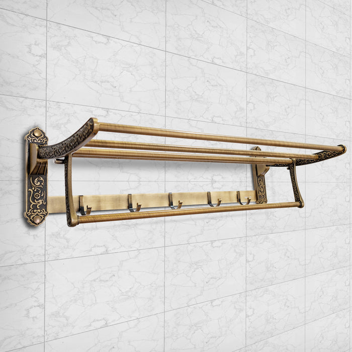 IBL 55-AS iBELL 60 cm (23.6-Inch) Golden Antique Stainless Steel Folding Towel Rack for Bathroom | 90° Foldable Space-Saving Towel Stand | Towel Hanger | Bathroom Accessories