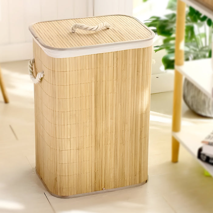 IBL 60-AS iBELL Foldable Square Bamboo Laundry Basket with Lid | Sustainable & Eco-Friendly | Travel Essential | Solid Laundry Basket | Easy to Carry (1 Pc, Wood Finish)