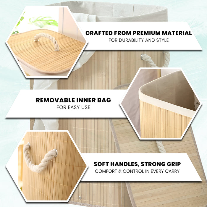 IBL 60-AS iBELL Foldable Square Bamboo Laundry Basket with Lid | Sustainable & Eco-Friendly | Travel Essential | Solid Laundry Basket | Easy to Carry (1 Pc, Wood Finish)