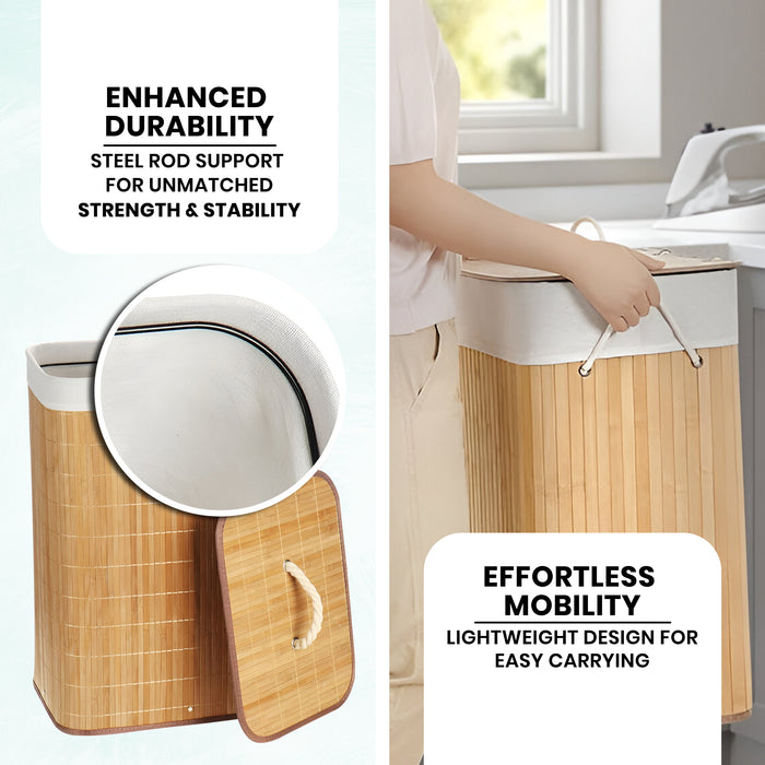 IBL 60-AS iBELL Foldable Square Bamboo Laundry Basket with Lid | Sustainable & Eco-Friendly | Travel Essential | Solid Laundry Basket | Easy to Carry (1 Pc, Wood Finish)