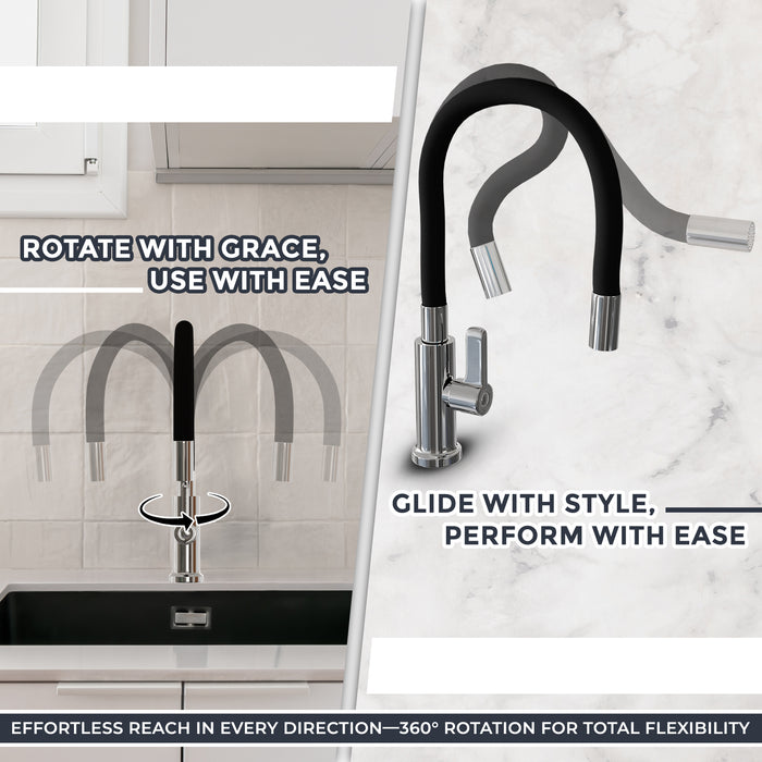 IBL 62-Z1 iBell Swan Neck Kitchen Faucet with Flexible Swivel Spout - Black & Chrome Finish