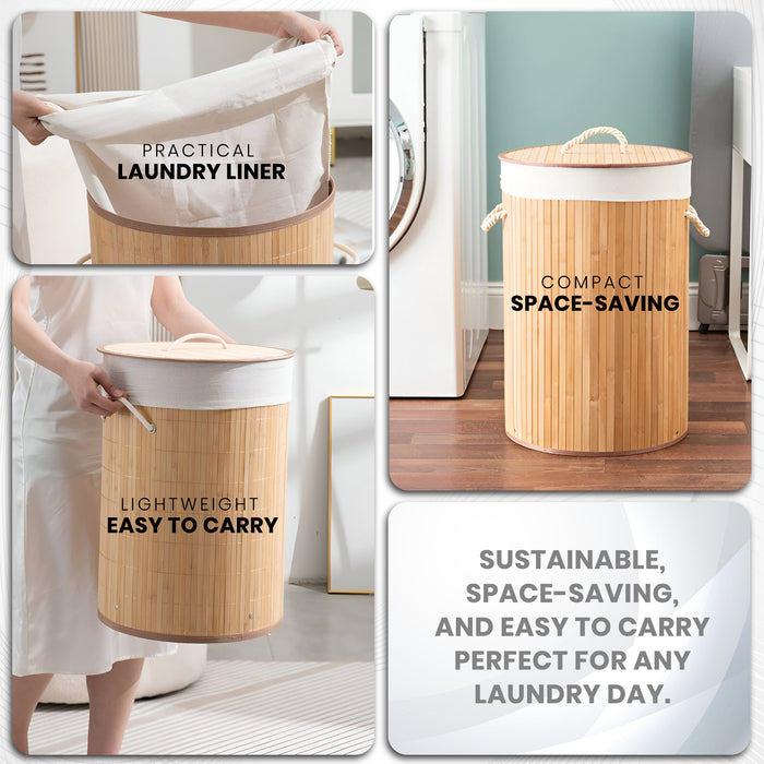 IBL 98-AS iBELL Foldable Bamboo Laundry Basket with Lid | Sustainable & Eco-Friendly | Travel Essential | Solid Laundry Basket | Easy to Carry (1 Pc, Wood Finish)