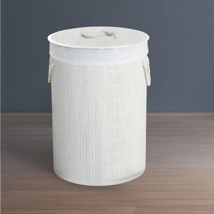 IBL 98-BS iBELL Foldable Round Bamboo Laundry Basket with Lid | Sustainable & Eco-Friendly | Travel Essential | Solid Laundry Basket | Easy to Carry (1 Pc, White Finish)