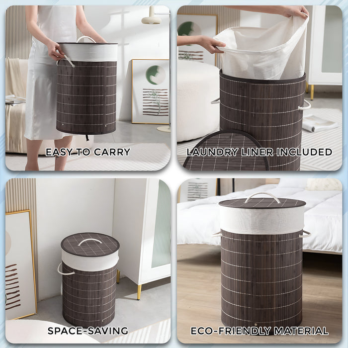 IBL 98-CS iBELL Foldable Round Bamboo Laundry Basket with Lid | Sustainable & Eco-Friendly | Travel Essential | Solid Laundry Basket | Easy to Carry (1 Pc, Grey Finish)