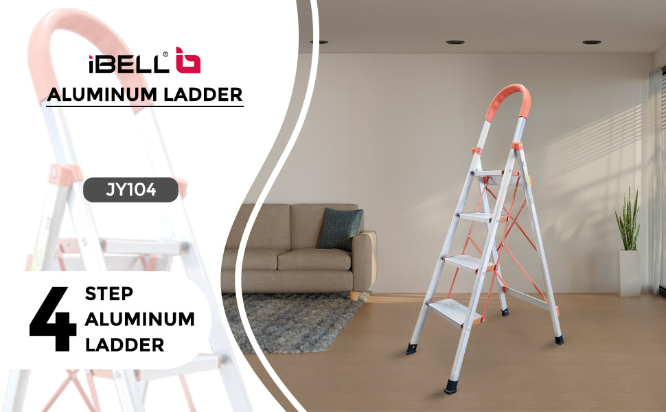 iBELL JY104 4-Step Heavy-Duty Foldable Aluminium Ladder | Anti-Slip Wide Pedals | Hand Grip for Home & Office Use | Supports 150+ Kgs