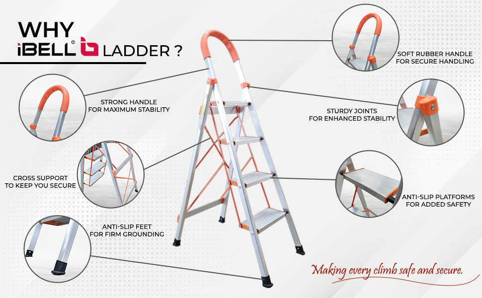 iBELL JY104 4-Step Heavy-Duty Foldable Aluminium Ladder | Anti-Slip Wide Pedals | Hand Grip for Home & Office Use | Supports 150+ Kgs