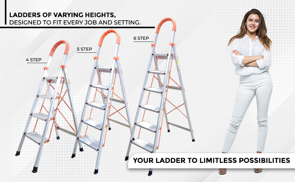 iBELL JY104 4-Step Heavy-Duty Foldable Aluminium Ladder | Anti-Slip Wide Pedals | Hand Grip for Home & Office Use | Supports 150+ Kgs