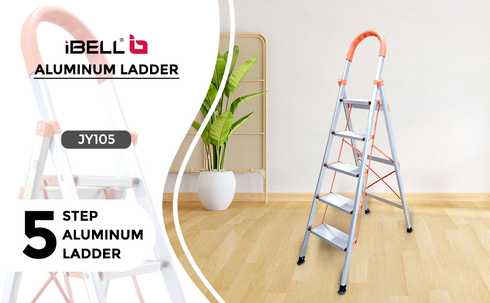 iBELL JY105 5-Step Heavy-Duty Foldable Aluminium Ladder | Anti-Slip Wide Pedals | Hand Grip for Home & Office Use | Supports 150+ Kgs