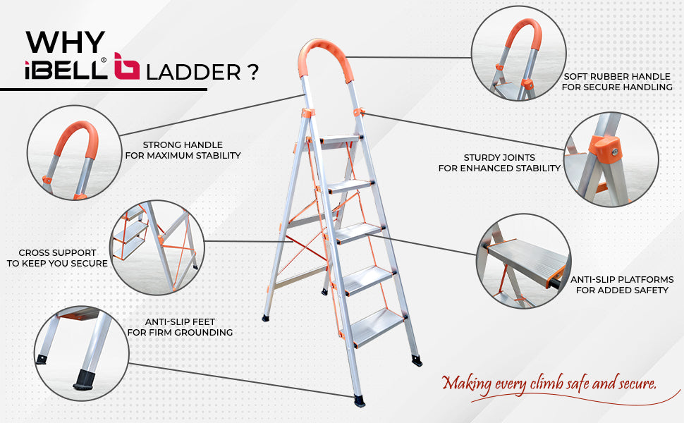 iBELL JY105 5-Step Heavy-Duty Foldable Aluminium Ladder | Anti-Slip Wide Pedals | Hand Grip for Home & Office Use | Supports 150+ Kgs