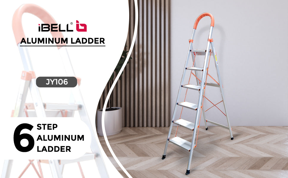 iBELL JY106 6-Step Heavy-Duty Foldable Aluminium Ladder | Anti-Slip Wide Pedals | Hand Grip for Home & Office Use | Supports 150+ Kgs