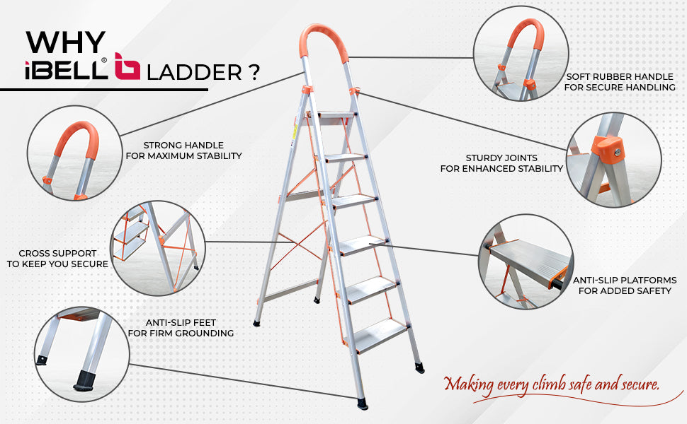 iBELL JY106 6-Step Heavy-Duty Foldable Aluminium Ladder | Anti-Slip Wide Pedals | Hand Grip for Home & Office Use | Supports 150+ Kgs