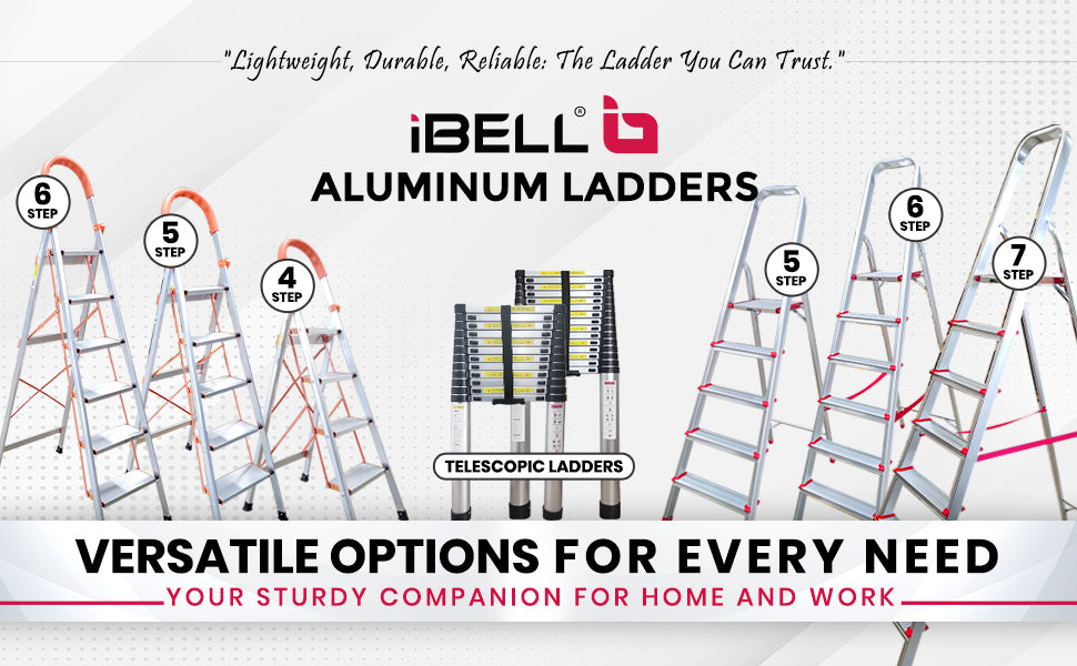 iBELL JY105 5-Step Heavy-Duty Foldable Aluminium Ladder | Anti-Slip Wide Pedals | Hand Grip for Home & Office Use | Supports 150+ Kgs