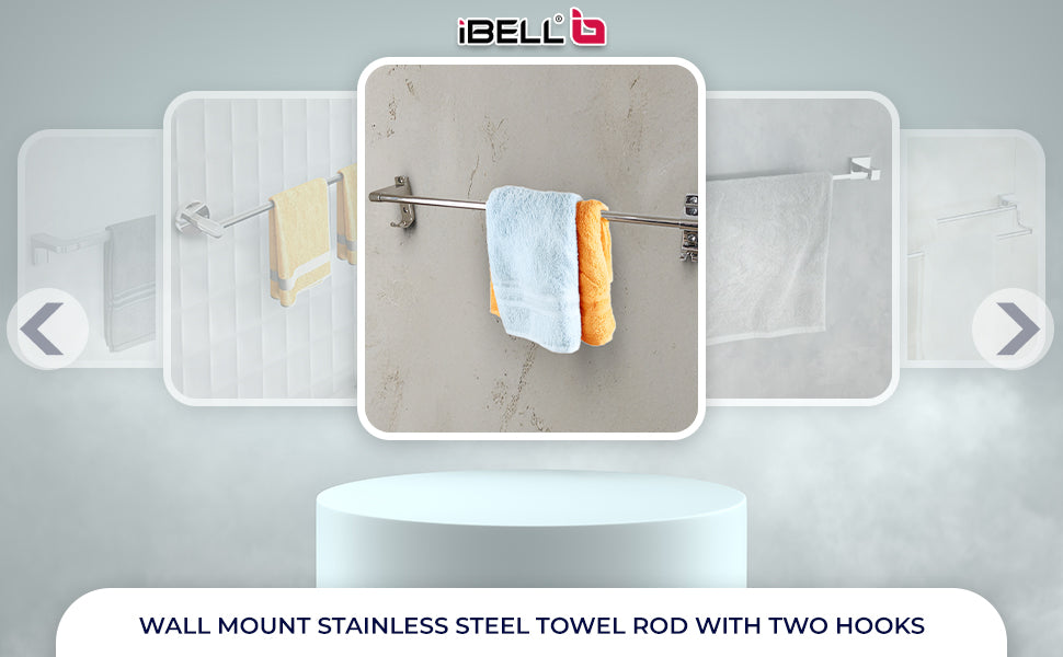 IBL 22-SH iBELL 60 cm (24-Inch) Wall Mount Stainless Steel Towel Rod with 2 Hooks for Loofah or Bathing Sponge | Anti-Rust Towel Rack for Bathroom