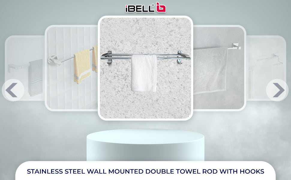 IBL 27-SH iBELL 59 cm (23-Inch) Double Towel Rod with Hooks, Wall Mounted Chrome Finish Stainless Steel Double Bar Towel Holder for Bathroom and Home