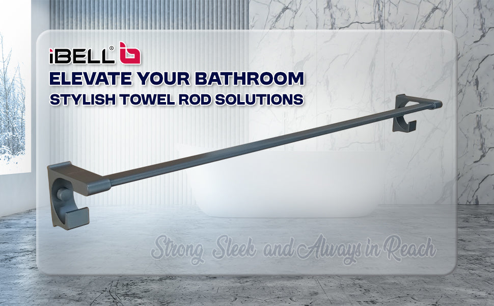 IBL 49-GH iBELL 60 cm (24-Inch) Wall Mount Stainless Steel Towel Rod with 2 Hooks for Loofah or Bathing Sponge | Anti-Rust Towel Rack for Bathroom | Dark Grey