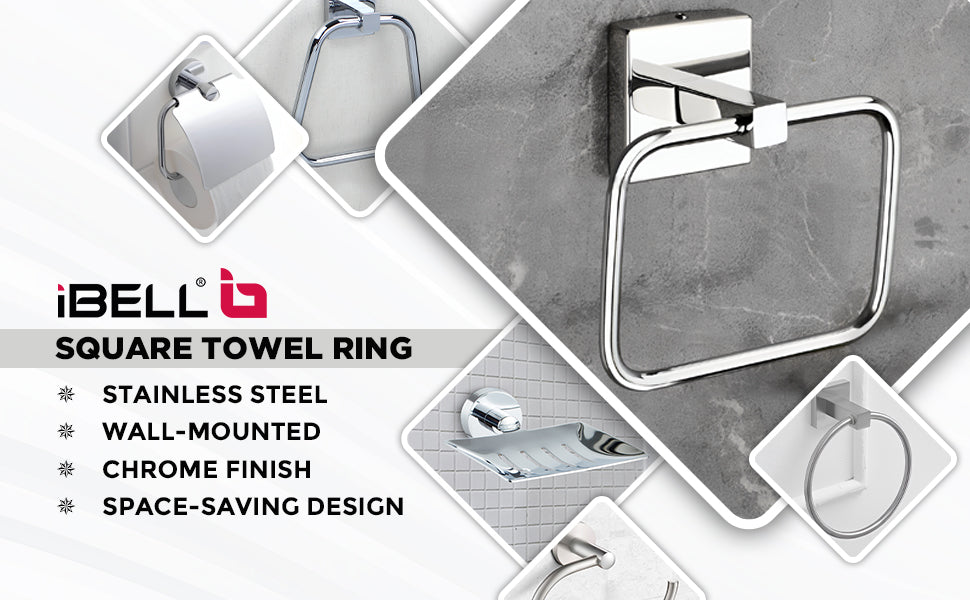 IBL 66-SH iBELL Stainless Steel Square Towel Ring | Towel Holder for Bathroom & Washbasin | Napkin Ring with Chrome Finish - 16 cm