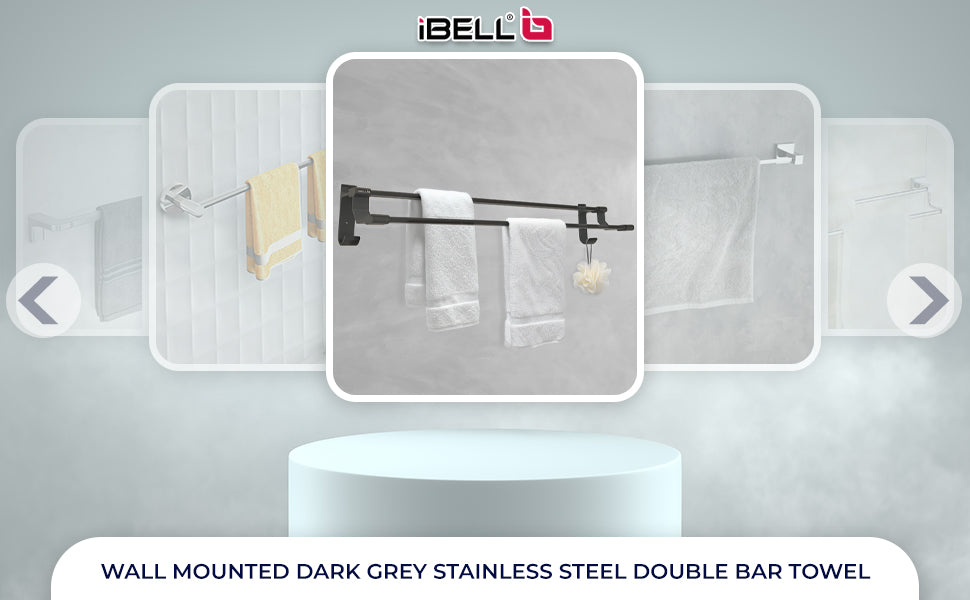 IBL 66-HG iBELL 60 cm (24-Inch) Double Towel Rod with Hooks, Wall Mounted Dark Grey Stainless Steel Double Bar Towel Holder for Bathroom and Home