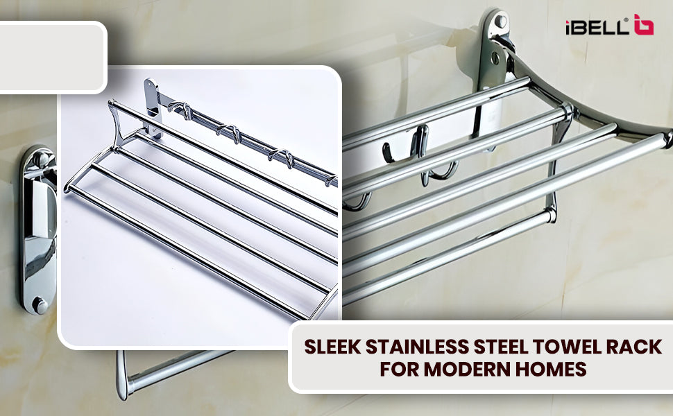 IBL 93-SS iBELL 59 cm (23.2-Inch) Chrome Stainless Steel Folding Towel Rack for Bathroom | 90° Foldable Space-Saving Towel Stand | Towel Hanger | Bathroom Accessories