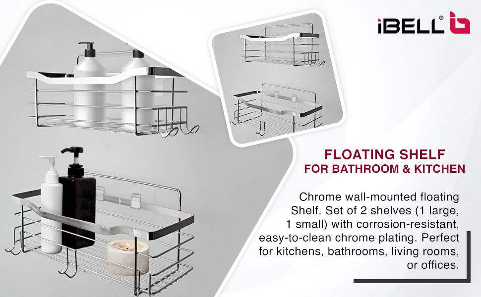 IBL FX 05 iBELL Wall-Mounted Floating Shelf, Pack of 2, Stainless Steel with Chrome Finish, Multi-Purpose Storage in Two Sizes for Kitchen, Bathroom, or Living Room