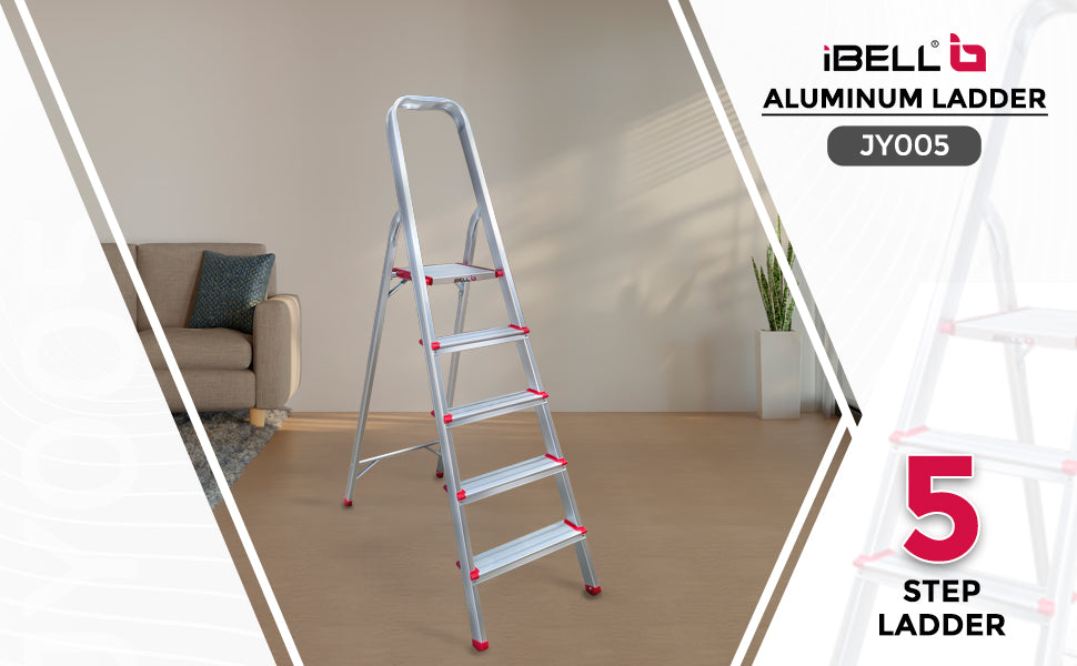 iBELL JY005 5-Step Foldable Aluminium Ladder for Home | Anti-Slip Steps | Edge Guards | Strong Safety Strap | with Sure-Hinge Technology (Orange)