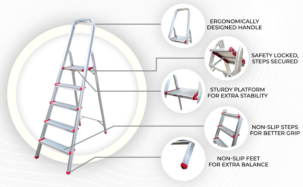 iBELL JY005 5-Step Foldable Aluminium Ladder for Home | Anti-Slip Steps | Edge Guards | Strong Safety Strap | with Sure-Hinge Technology (Orange)