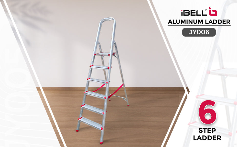 iBELL JY006 6-Step Foldable Aluminium Ladder for Home | Anti-Slip Steps | Edge Guards | Strong Safety Strap | with Sure-Hinge Technology (Orange)