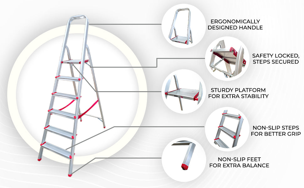 iBELL JY006 6-Step Foldable Aluminium Ladder for Home | Anti-Slip Steps | Edge Guards | Strong Safety Strap | with Sure-Hinge Technology (Orange)