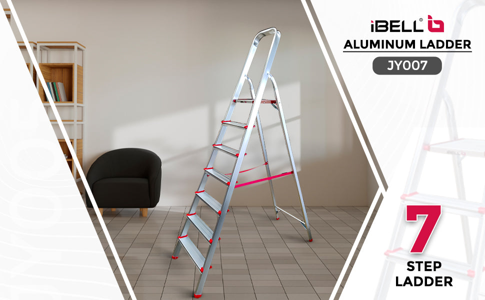 iBELL JY007 7-Step Foldable Aluminium Ladder for Home | Anti-Slip Steps | Edge Guards | Strong Safety Strap | with Sure-Hinge Technology (Orange)