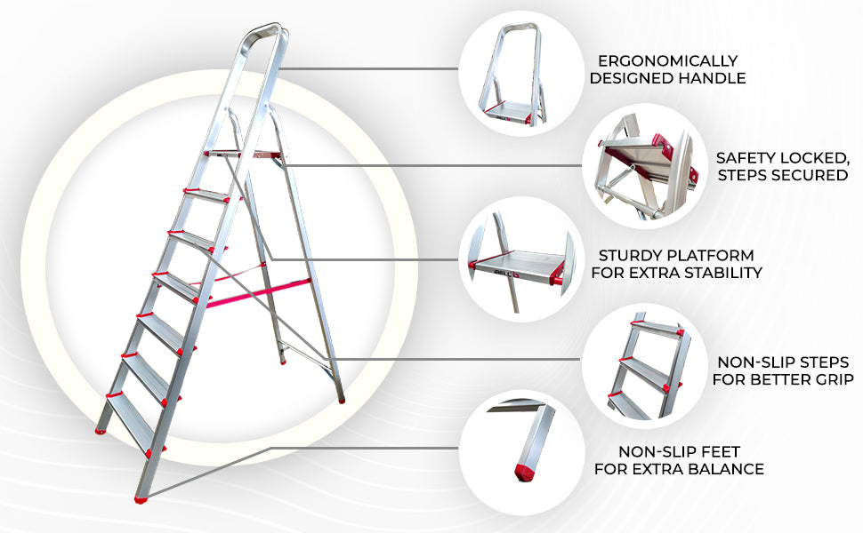 iBELL JY007 7-Step Foldable Aluminium Ladder for Home | Anti-Slip Steps | Edge Guards | Strong Safety Strap | with Sure-Hinge Technology (Orange)