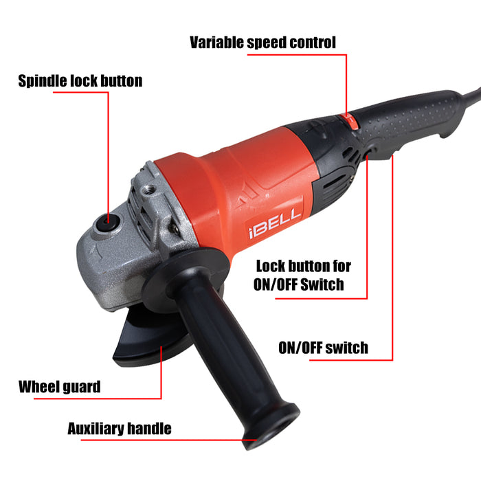 iBELL Angle Grinder AG25-50, 5”/ 125mm Disc Dia,1400W Heavy Duty, Copper Armature, 9000 RPM