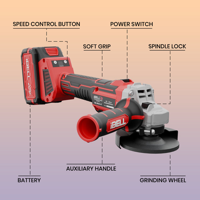 iBell BA20-25 Cordless Angle Grinder Brushless|20V Max|100mm/4inch Disc|3-Speed (5000/6500/8500 RPM)|4.0Ah Li-Ion Battery & Charger| Lightweight– Ideal for Cutting, Grinding, and Polishing