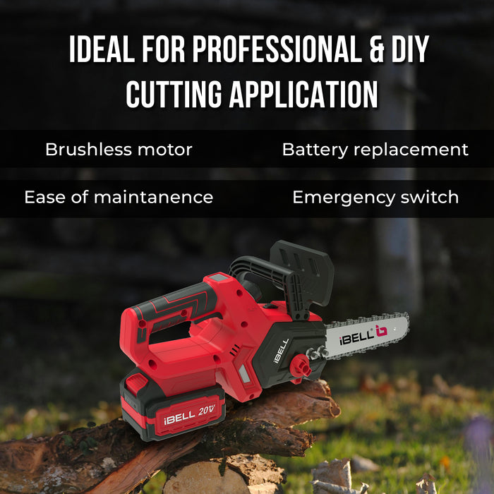 iBell BS20-12 Cordless Chainsaw Brushless|1200W|20V Max|12” Guide Bar|3/8” Chain Pitch|4.0Ah Li-Ion Battery|4500 RPM|Lightweight 1.76 Kg – Ideal for Cutting Trees and Branches in bmc box