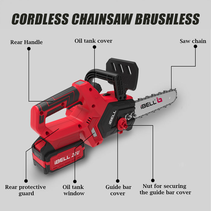 iBell BS20-12 Cordless Chainsaw Brushless|1200W|20V Max|12” Guide Bar|3/8” Chain Pitch|4.0Ah Li-Ion Battery|4500 RPM|Lightweight 1.76 Kg – Ideal for Cutting Trees and Branches in bmc box