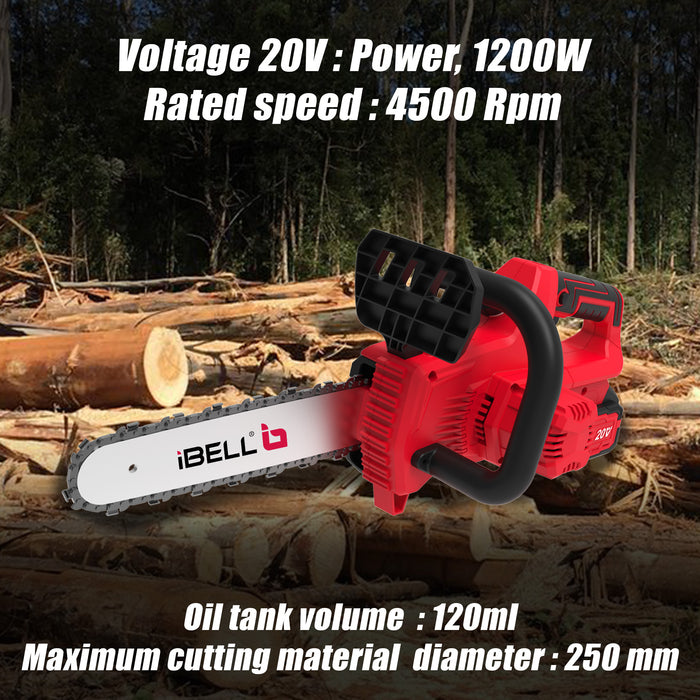 iBell BS20-12 Cordless Chainsaw Brushless|1200W|20V Max|12” Guide Bar|3/8” Chain Pitch|4.0Ah Li-Ion Battery|4500 RPM|Lightweight 1.76 Kg – Ideal for Cutting Trees and Branches in bmc box